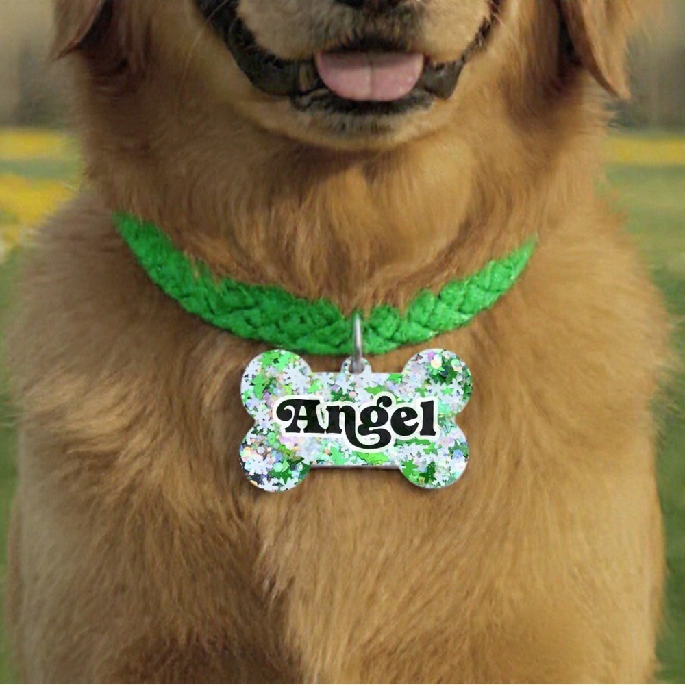 Christmas Tree Glitter Dog Bone Tag - Handmade Resin Pet ID Tag